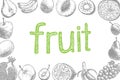 Different fruits: banana, apple, pear, plum, etÃÂ. frame from Hand drawn fresh fruits. Royalty Free Stock Photo